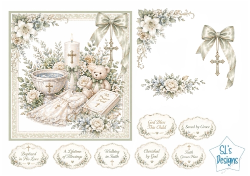 Baptism Card Kit – Christening Gown, Candle & Floral Frame – Religious Labels Printable