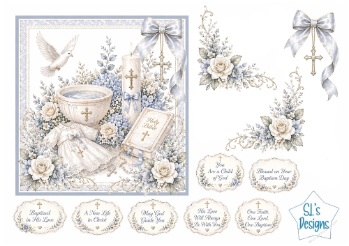 Baptism Card Kit – Blue Christening Gown, Candle & Floral Frame – Religious Labels Printable