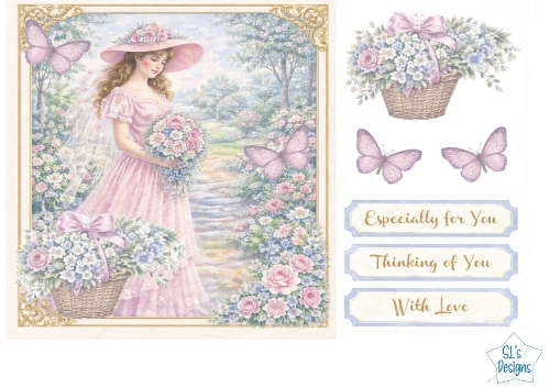 Romantic Lady Card Kit – Pink Garden Scene, Floral Accents & Sentiment Labels – Elegant Printable