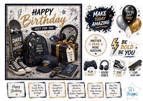 Urban Birthday Card Kit – Skateboard, Sneakers & Motivational Labels – Teen Boy Printable