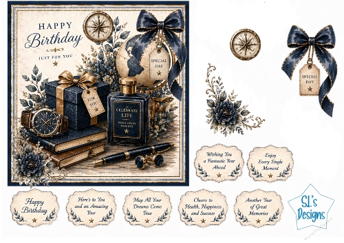 Elegant Birthday Card Kit – Navy & Gold Gift Box, Globe & Floral Accents – Luxury Printable