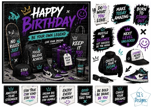Urban Graffiti Birthday Card Kit – Skateboard, Street Style & Motivational Labels – Teen Printable