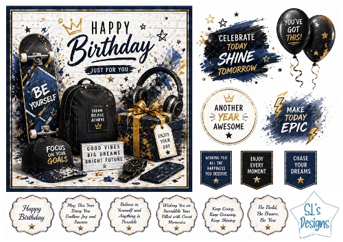 Modern Birthday Card Kit – Blue & Gold Skateboard Theme with Motivational Labels – Teen Boy Printable