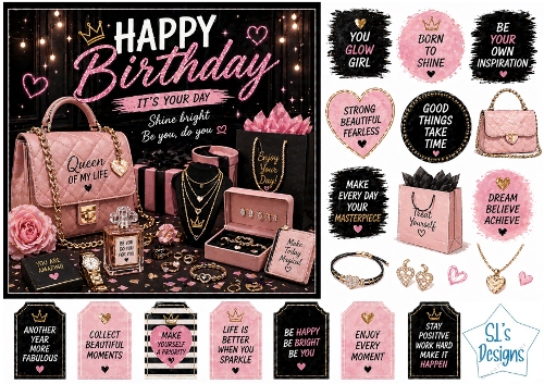Glam Birthday Card Kit – Pink Luxury Bag, Fashion Accessories & Empowering Labels – Feminine Printable