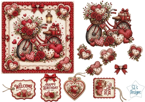 Romantic Vintage Bicycle & Roses Card Topper – Red Floral Hearts & Gift Tags