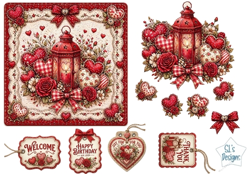 Romantic Lantern & Red Roses Card Topper – Heart Clusters & Sentiment Tags