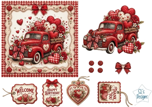 Vintage Red Truck & Hearts Card Topper – Roses, Gingham Bows & Sentiment Tags
