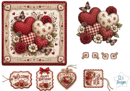 Vintage Hearts & Roses Card Topper – Country Stitching, Butterflies & Sentiment Tags
