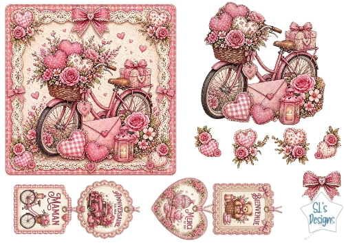 Pink Bicycle & Roses Card Topper – Vintage Floral Hearts, Lantern & French Sentiment Tags