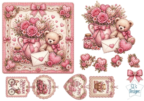 Vintage Teddy Bear & Roses Card Topper – Pink Hearts, Floral Accents & French Sentiment Tags
