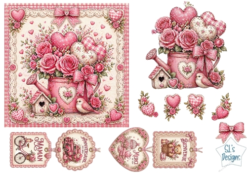Pink Watering Can & Roses Card Topper – Birdhouse, Hearts & French Sentiment Tags