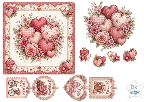 Vintage Hearts & Roses Card Topper – Pink Floral Accents & French Sentiment Tags