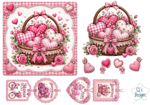 Vintage Heart Basket & Roses Card Topper – Pink Shabby Chic & French Sentiment Tags