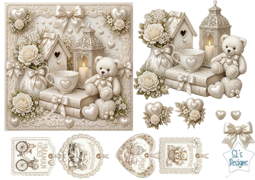Vintage Teddy Bear & Lantern Card Topper – Neutral Floral Accents & French Sentiment Tags