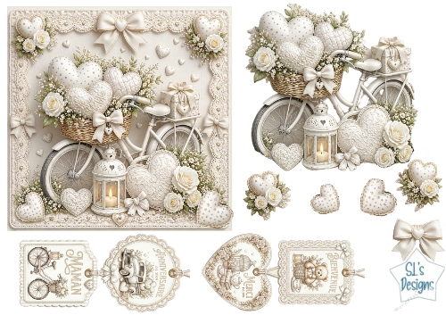 Elegant White Bicycle & Ivory Roses Card Topper – Vintage Hearts & French Sentiment Tags