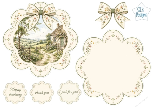 Vintage Countryside Cottage Floral Scalloped Card Topper & Sentiment Set