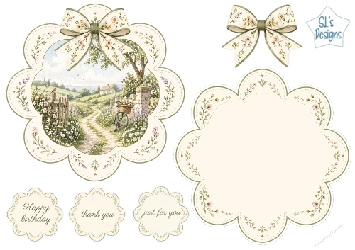 Pastel Countryside Bicycle Floral Scalloped Card Topper & Sentiments