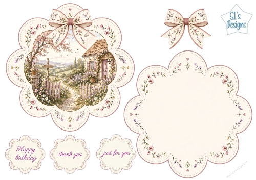 Pastel Cottage Floral Scalloped Card Topper with Bow & Sentiments