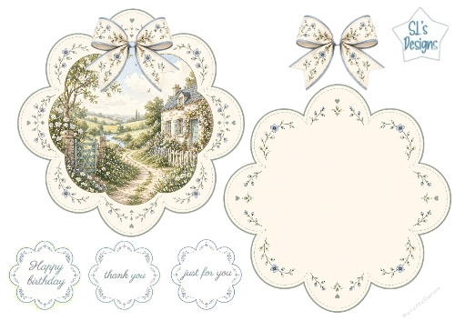 Cottage Floral Scalloped Card Topper with Matching Bow & Sentiments