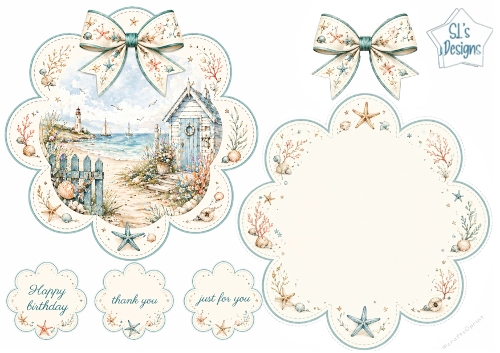 Coastal Lighthouse Seaside Scalloped Card Topper with Bows & Sentiments