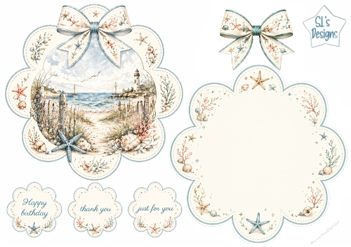 Round Coastal Lighthouse Scalloped Card Topper with Seashell Bows & Sentiments