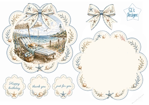 Coastal Beach Chair Scalloped Card Topper with Seashell Bow & Sentiments