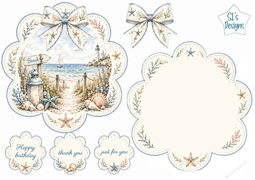 Round Seaside Lighthouse Scalloped Card Topper with Starfish Bow & Sentiments