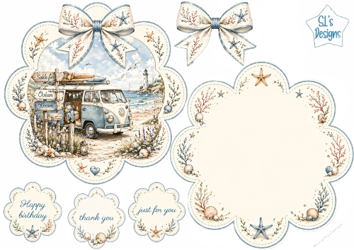 Coastal Camper Van Scalloped Card Topper with Seashell Bows & Sentiments