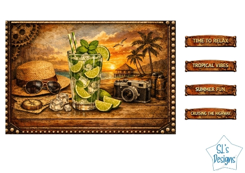 Tropical Vacation Card Kit – Sunset Beach, Refreshing Drink & Summer Labels – Travel Printable