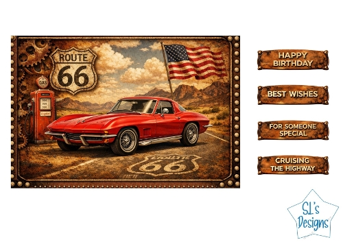 Route 66 Vintage Car Card Kit – Red Classic Car, Gas Pump & Metal Labels – Retro Printable
