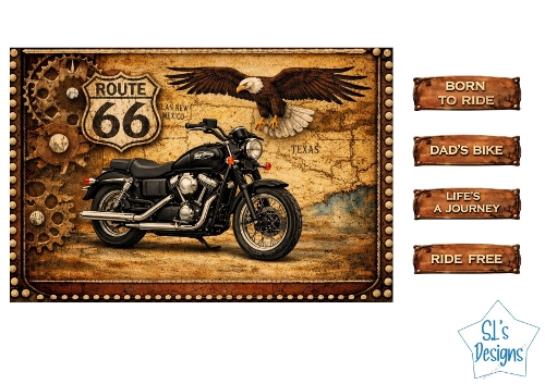 Route 66 Motorcycle Card Kit – Eagle, Black Bike & Leather Labels – Retro Masculine Printable