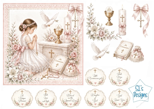 First Communion Card Kit – Praying Girl, Chalice & Floral Accents – Religious Printable