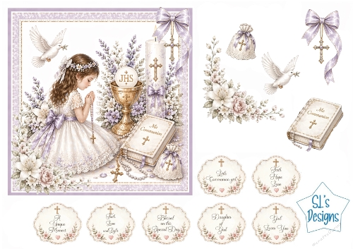 First Communion Card Kit – Lavender Praying Girl, Chalice & Floral Accents – Religious Printable