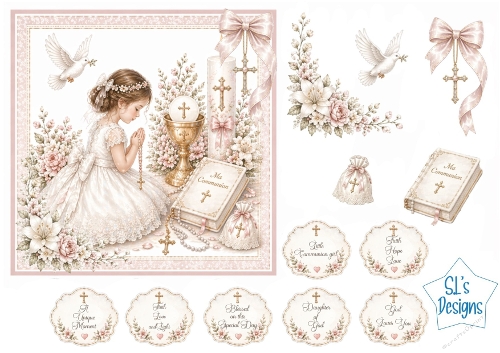 First Communion Card Kit – Praying Girl, Chalice, Candle & Floral Accents – Religious Printable