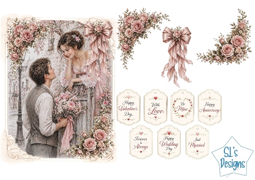 Vintage Romance Card Kit – Balcony Scene, Floral Accents & Love Labels – Wedding & Valentine Printable