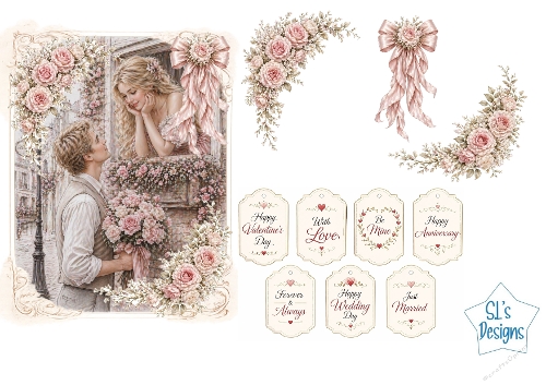 Vintage Romance Card Kit – Window Love Scene, Floral Accents & Love Labels – Wedding & Valentine Printable
