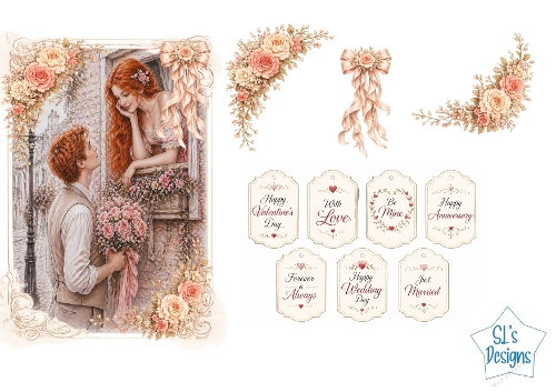 Vintage Romance Card Kit – Window Love Scene, Roses & Love Labels – Wedding & Valentine Printable