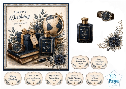 Elegant Birthday Card Kit – Navy & Gold Globe, Gift Box & Floral Accents – Luxury Printable