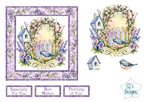 Floral Bird Card Kit – Blue Bird, Birdhouse & Lavender Fence – Spring Printable Topper