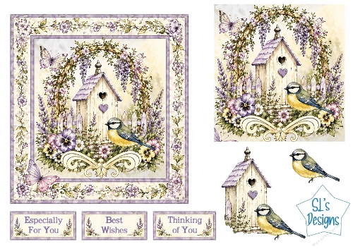 Rustic Birdhouse Card Kit – Wisteria Arch, Garden Bird & Floral Accents – Spring Printable Topper