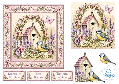 Romantic Birdhouse Card Kit – Pink Floral Arch, Blue Tit & Garden Accents – Spring Printable Topper