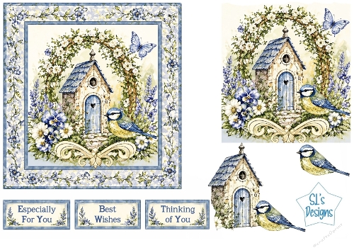 Blue Birdhouse Card Kit – Floral Arch, Garden Bird & Pastel Accents – Spring Printable Topper
