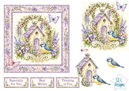 Lavender Birdhouse Card Kit – Floral Wreath, Blue Tit & Pastel Garden Accents – Spring Printable Topper