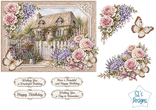 Floral Cottage Card Kit – Vintage Bicycle, Roses & Garden Accents – Birthday Printable Topper