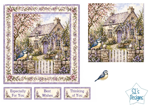 Stone Cottage Card Kit – Lavender Door, Garden Flowers & Blue Bird – Spring Printable Topper