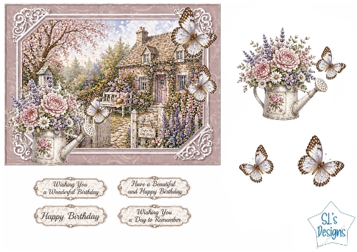 Floral Cottage Card Kit – Garden Bench, Pink Door & Butterfly Accents – Birthday Printable Topper