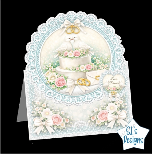 Wedding Cake Card Kit – Doves, Gold Rings & Lace Heart Frame – Romantic Printable Topper