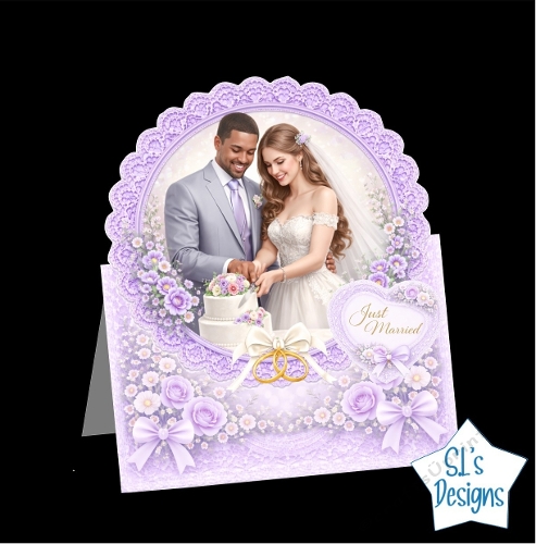 Wedding Couple Card Kit – Cake Cutting Scene, Lace Frame & Gold Rings – Romantic Printable Topper