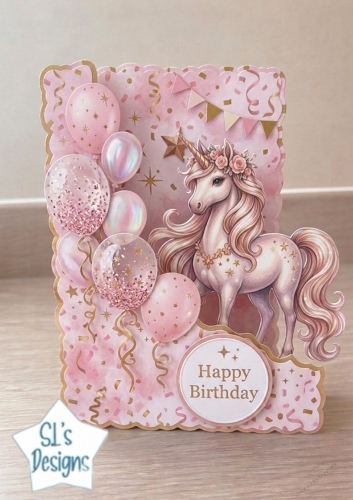 Pastel Unicorn Birthday Card Topper – Pink & Gold Fantasy Celebration Printable