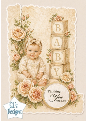 Vintage Baby Girl Card Topper – Soft Roses & Neutral Floral Printable